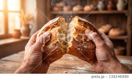 Hands tearing apart a freshly baked loaf of crusty artisan bread with steam rising Hands tearing apart a freshly baked loaf of crusty artisan bread with steam rising 138246890