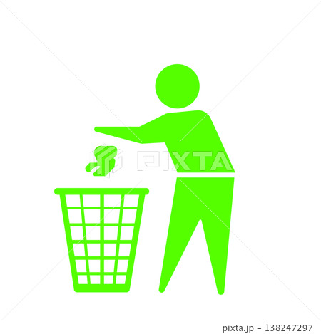 ゴミ箱にゴミを捨てる人物アイコン(緑) 138247297