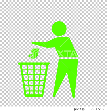 ゴミ箱にゴミを捨てる人物アイコン(緑) 138247297
