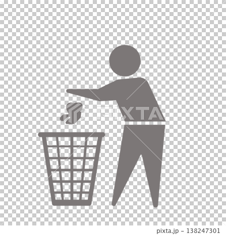 一個人形圖示(灰色)正在將垃圾丟進垃圾桶。 一個人形圖示(灰色)正在將垃圾丟進垃圾桶。 138247301