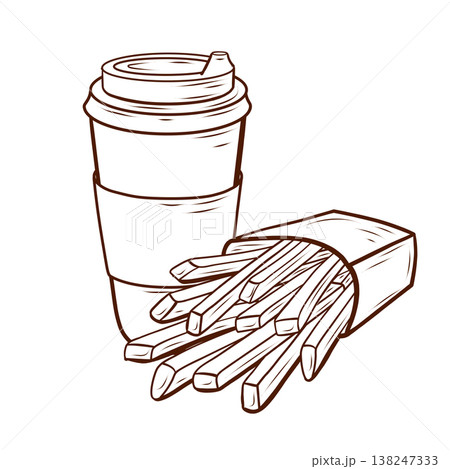 A cup of takeout coffee and french fries. A vector composition of fast food items for café menus, street food posters, delivery app screens, restaurant banners, and takeout packaging. 138247333