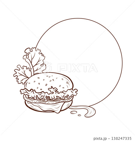 A round frame template with a fast-food theme, featuring a burger, lettuce leaves, sauce. Vector illustration for designing menu covers, promotional posters, delivery apps, advertising flyers for A round frame template with a fast-food theme, featuring a burger, lettuce leaves, sauce. Vector illustration for designing menu covers, promotional posters, delivery apps, advertising flyers for 138247335