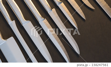 Professional Kitchen Knives Set On Dark Background 3d render. 138247561