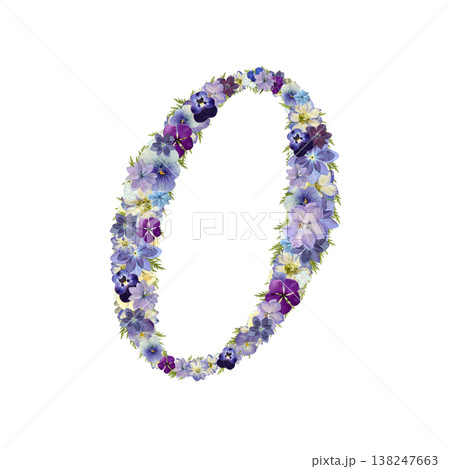 数字の0 押し花素材 繊細なセリフ体 パープルとブルーのボタニカル数字 背景透過 138247663