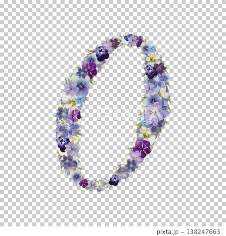 数字の0 押し花素材 繊細なセリフ体 パープルとブルーのボタニカル数字 背景透過 138247663