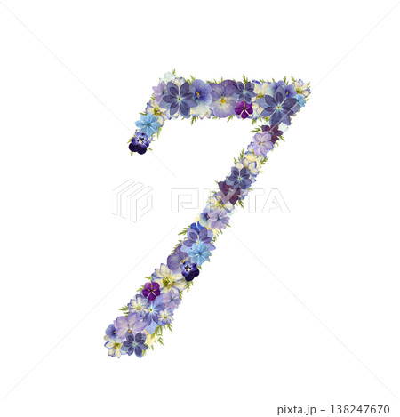 数字の7の押し花素材 繊細なセリフ体 パープルとブルーのボタニカル数字 背景透過PNG 138247670