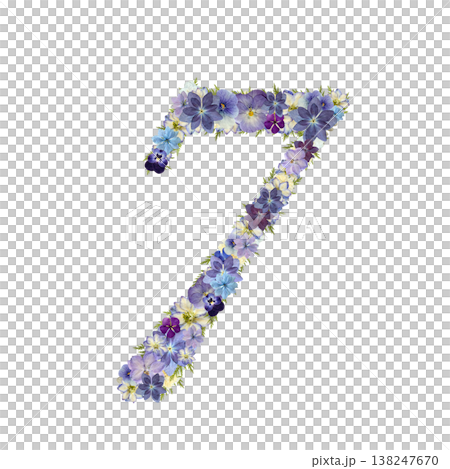 数字の7の押し花素材 繊細なセリフ体 パープルとブルーのボタニカル数字 背景透過PNG 138247670