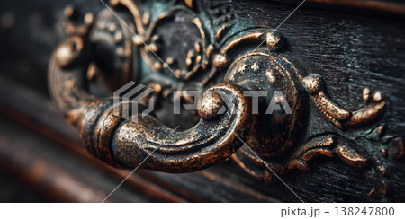 Ornate vintage drawer handle with intricate design on dark wooden surface close-up Ornate vintage drawer handle with intricate design on dark wooden surface close-up 138247800