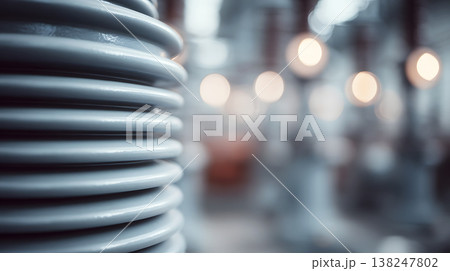 Ceramic electrical insulator with coiled design in industrial setting, blurred background lights Ceramic electrical insulator with coiled design in industrial setting, blurred background lights 138247802