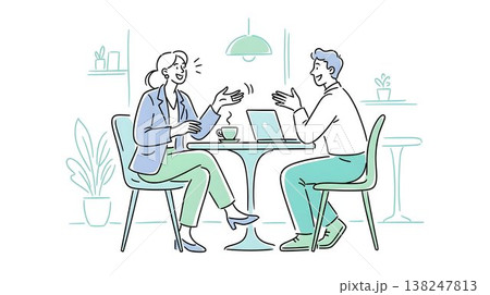 カフェでノートPCを開きミーティングする男女 138247813