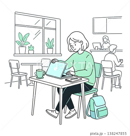 カフェやコワーキングスペースでノートパソコンを使う女性 138247855