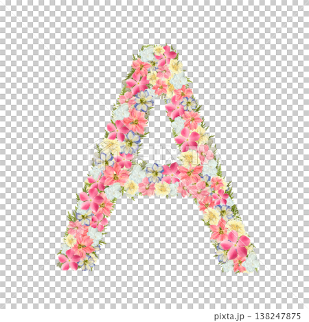 Pressed flower design of the letter A in delicate serif font, featuring pink and blue botanical lettering. Transparent PNG background. 138247875