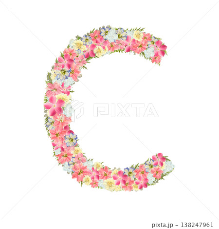 アルファベットのCの押し花素材 繊細なセリフ体 ピンクとブルーのボタニカル文字 背景透過PNG 138247961