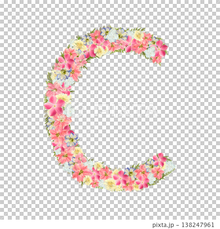 アルファベットのCの押し花素材 繊細なセリフ体 ピンクとブルーのボタニカル文字 背景透過PNG 138247961