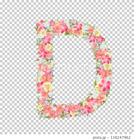 以粉紅色和藍色植物為特色的精緻襯線字體字母D的壓花設計。透明PNG背景。 以粉紅色和藍色植物為特色的精緻襯線字體字母D的壓花設計。透明PNG背景。 138247962