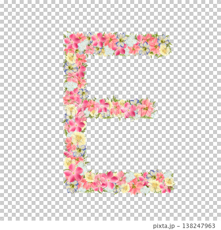 Pressed flower design of the letter E in delicate serif font, featuring pink and blue botanical lettering. Transparent PNG background. Pressed flower design of the letter E in delicate serif font, featuring pink and blue botanical lettering. Transparent PNG background. 138247963