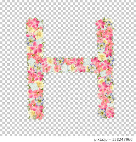 Pressed flower design of the letter H in delicate serif font, featuring pink and blue botanical lettering. Transparent PNG background. 138247966