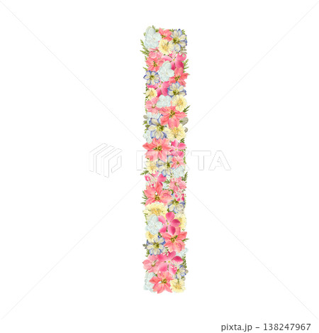アルファベットのIの押し花素材 繊細なセリフ体 ピンクとブルーのボタニカル文字 背景透過PNG 138247967