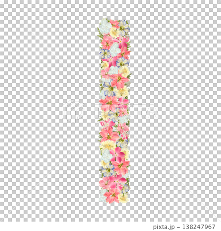 Pressed flower design of the letter "I" in delicate serif font, featuring pink and blue botanical lettering. Transparent PNG background. Pressed flower design of the letter "I" in delicate serif font, featuring pink and blue botanical lettering. Transparent PNG background. 138247967