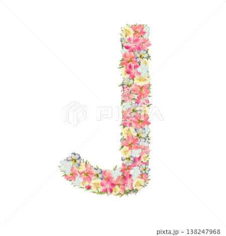 アルファベットのJの押し花素材 繊細なセリフ体 ピンクとブルーのボタニカル文字 背景透過PNG 138247968