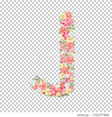 アルファベットのJの押し花素材 繊細なセリフ体 ピンクとブルーのボタニカル文字 背景透過PNG 138247968