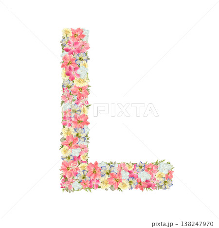 アルファベットのLの押し花素材 繊細なセリフ体 ピンクとブルーのボタニカル文字 背景透過PNG 138247970