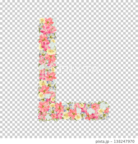 アルファベットのLの押し花素材 繊細なセリフ体 ピンクとブルーのボタニカル文字 背景透過PNG 138247970