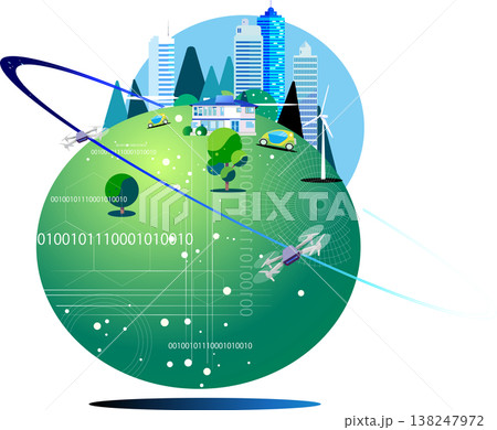 DXとスマートシティを象徴するエコでクリーンな未来都市のベクターイラスト DXとスマートシティを象徴するエコでクリーンな未来都市のベクターイラスト 138247972
