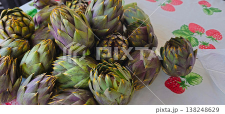 Close up view of Artichokes set up on table to be cooked 138248629