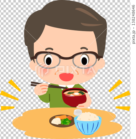 ご飯と漬物と味噌汁の食事を摂る中年男性 138248646