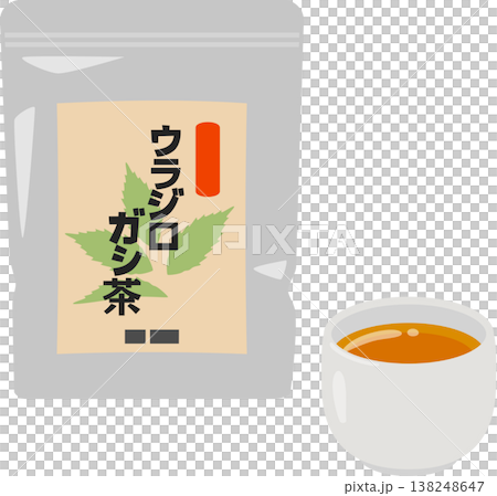 ウラジロガシ茶のパッケージと湯吞に入った茶 138248647