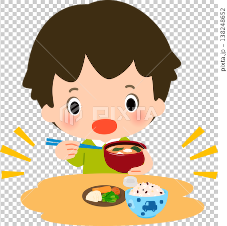 ご飯と漬物と味噌汁の食事を摂る男の子 138248652