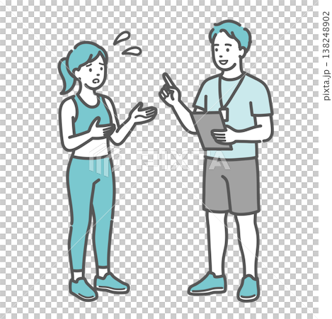 An illustration of a woman with a troubled expression consulting a male instructor (personal trainer). An illustration of a woman with a troubled expression consulting a male instructor (personal trainer). 138248902