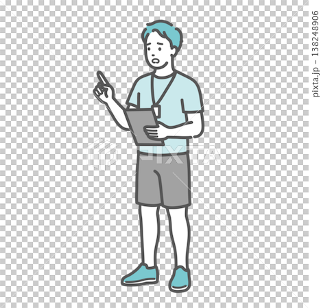An illustration of a male instructor with a troubled expression giving an explanation and warning. 138248906