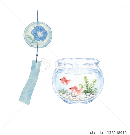 風鈴と金魚鉢のシンプル素材 夏の涼しげ和風イメージ 白背景 138248913