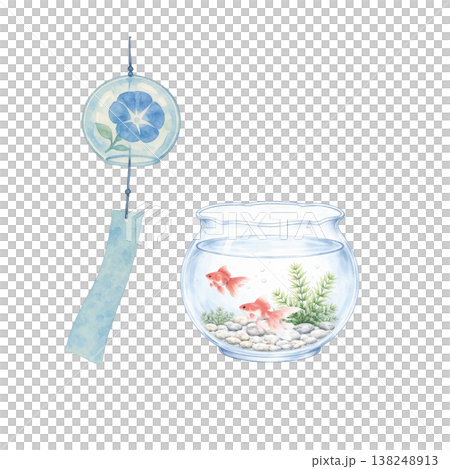 風鈴と金魚鉢のシンプル素材 夏の涼しげ和風イメージ 白背景 138248913