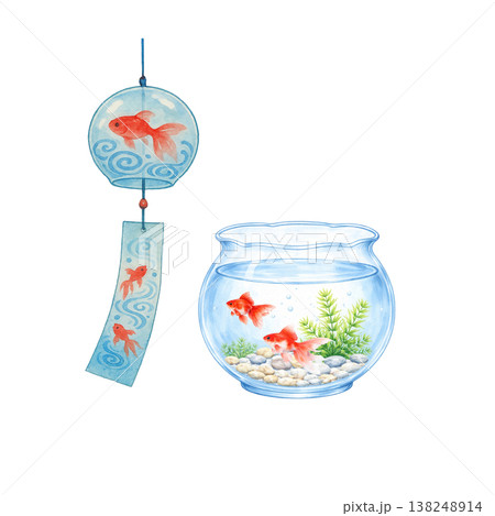 風鈴と金魚鉢のシンプル素材 夏の涼しげ和風デザイン 白背景 138248914