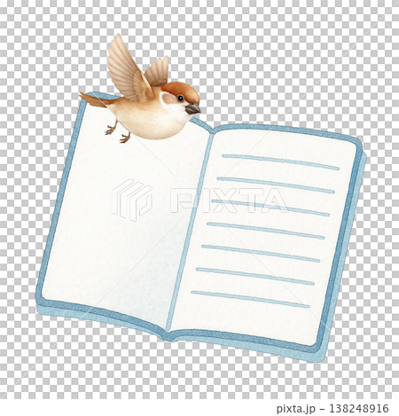 本と小鳥のシンプル素材 ナチュラルな読書と癒しのイメージ 白背景 138248916