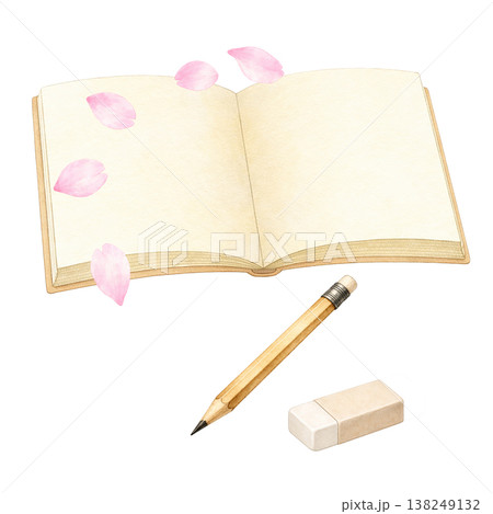 ノートと鉛筆と消しゴムのシンプル素材 学習と文房具の春イメージ 白背景 138249132