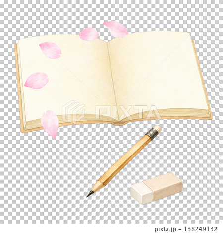 ノートと鉛筆と消しゴムのシンプル素材 学習と文房具の春イメージ 白背景 138249132