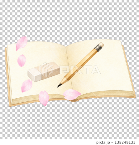 筆記本和鉛筆的簡單圖片；學習和春天的自然景象；白色背景。 138249133