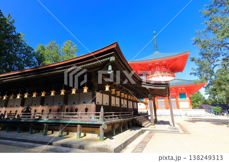 【和歌山県】快晴の高野山の壇上伽藍の根本大塔と御影堂 138249313
