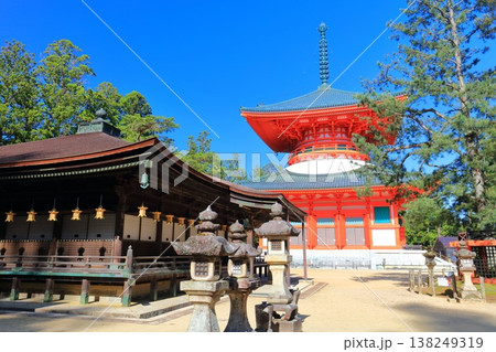 【和歌山県】快晴の高野山の壇上伽藍の根本大塔と御影堂 138249319
