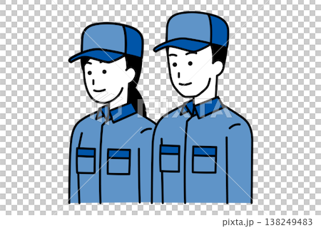 まっすぐ前を向いているつなぎ作業服の男女 138249483