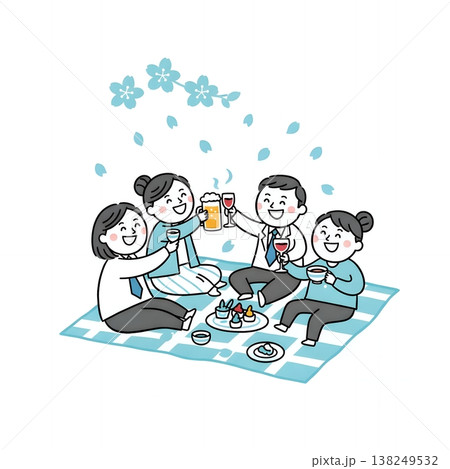 桜の下で乾杯しお花見を楽しむビジネスパーソンのグループ 138249532