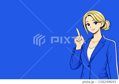 青背景で人差し指を上げて説明するビジネス女性イラスト 上品でやわらかな人物素材 138249643