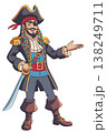 Pirate captain with a saber, in a doublet and a triangular hat isolated on a white background vector illustration. 138249711