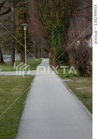 Village footpath lined with hedges and early spring greenery in Bavaria 138249933