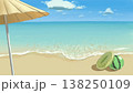 手描きの海とパラソル、スイカビーチボールと浮き輪のある砂浜イラスト 138250109