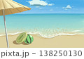 手描きの海とパラソル、スイカビーチボールと浮き輪のある砂浜イラスト 138250130